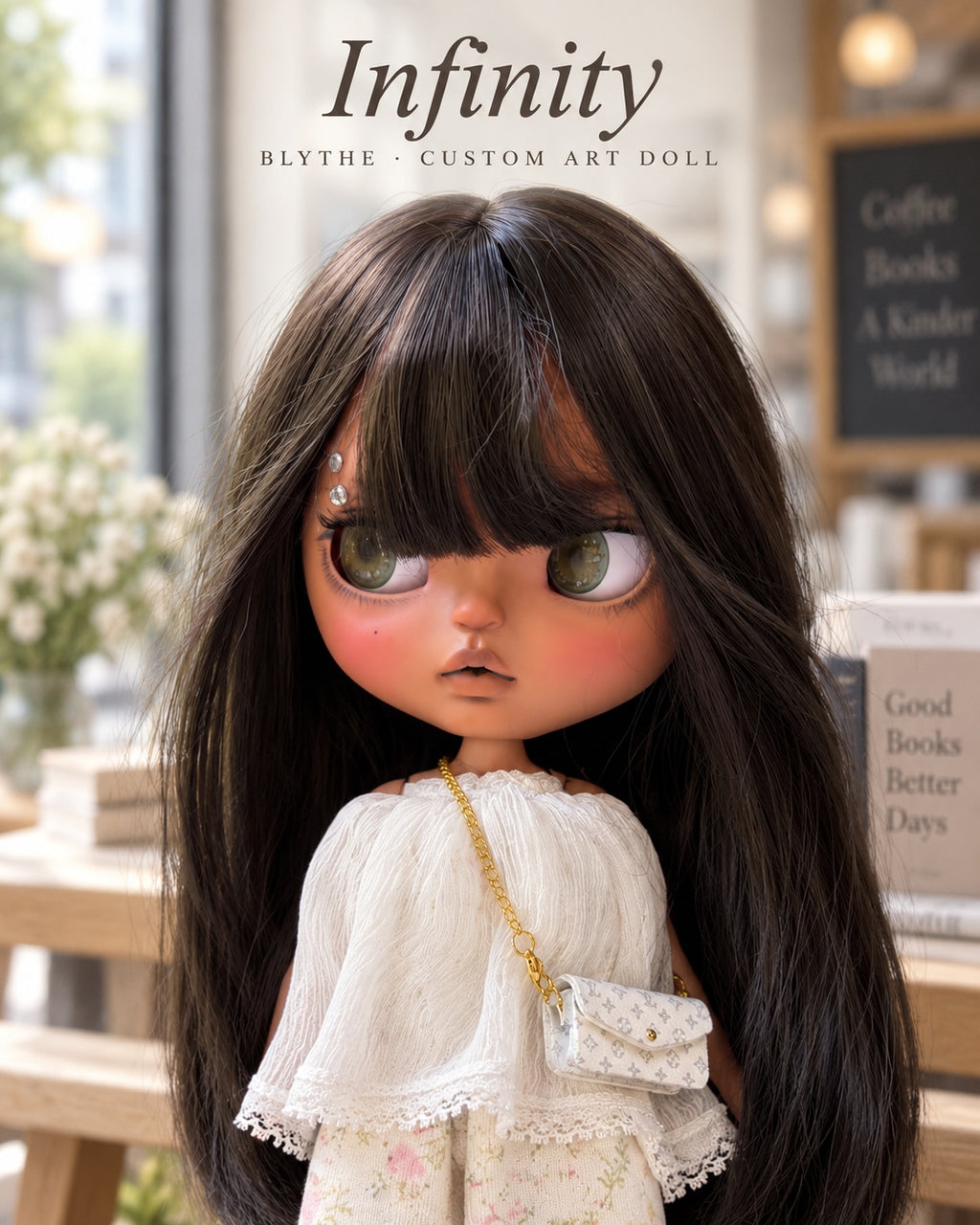Infinity — AI-generated story portrait based on the doll’s real photographs. Styling illustration only; see original photographs for actual item details. Scenery is not included.