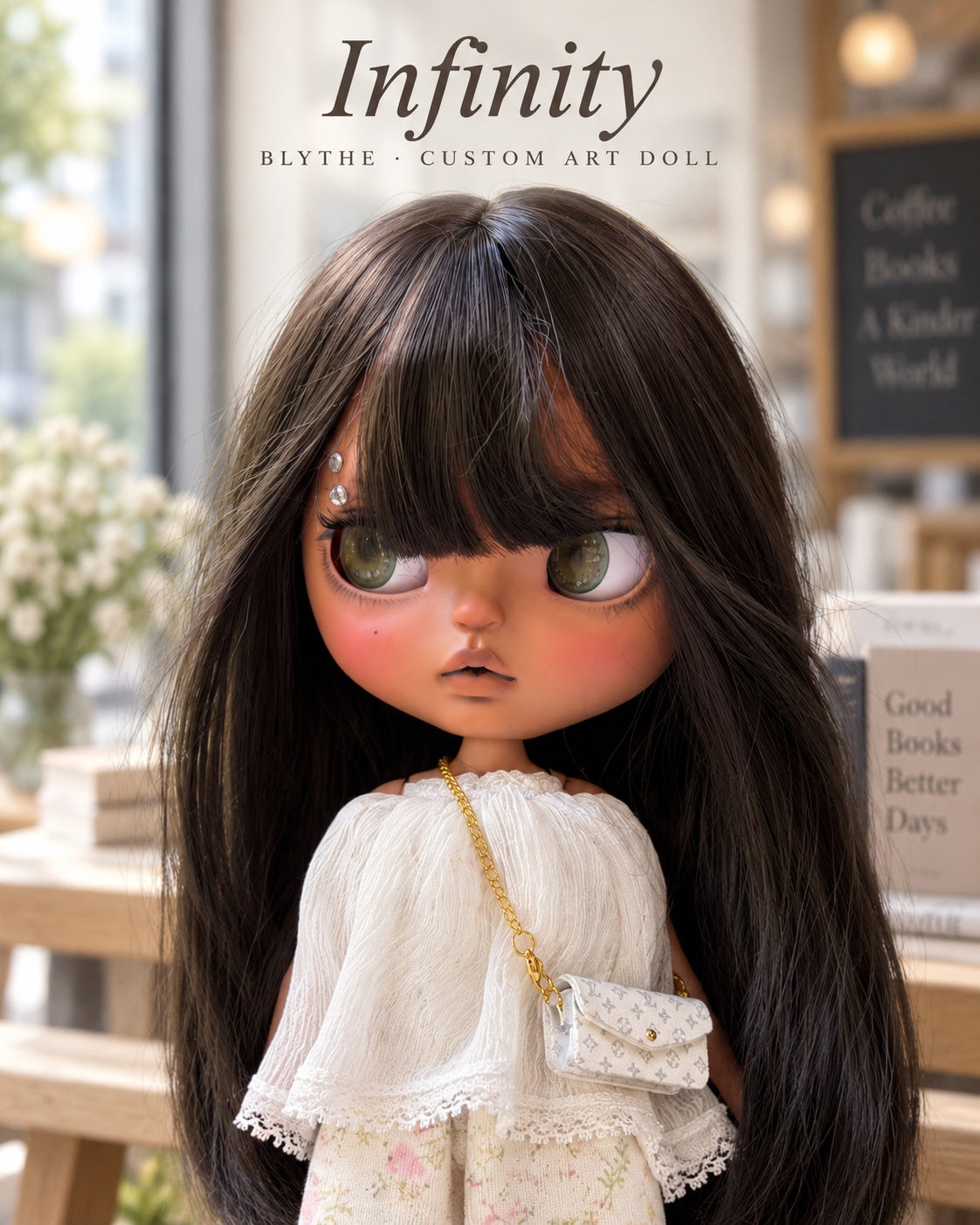 Infinity — AI-generated story portrait based on the doll’s real photographs. Styling illustration only; see original photographs for actual item details. Scenery is not included.