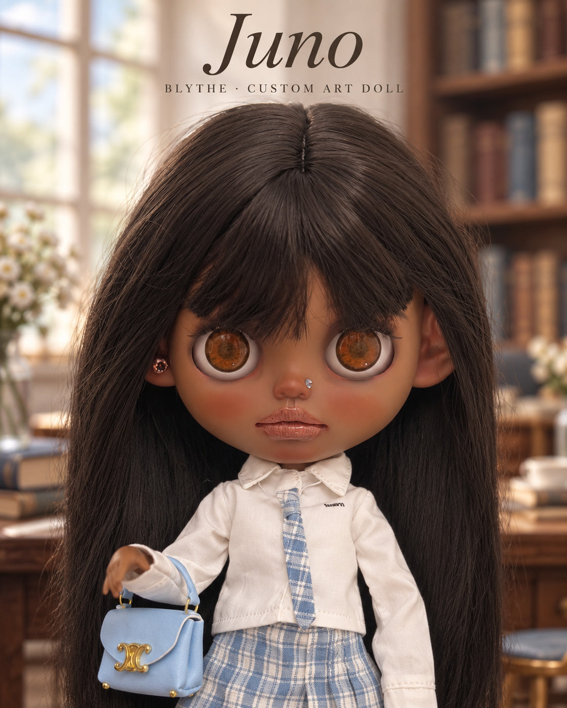 Juno — AI-generated story portrait based on the doll’s real photographs. Styling illustration only; see original photographs for actual item details. Scenery is not included.