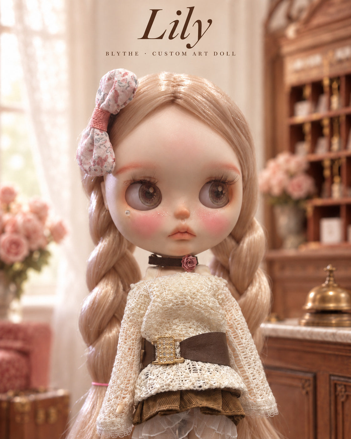 Lily — AI-generated story portrait based on the doll’s real photographs; forehead lighting corrected. Styling illustration only. See real photographs and video for actual condition; scenery is not included.