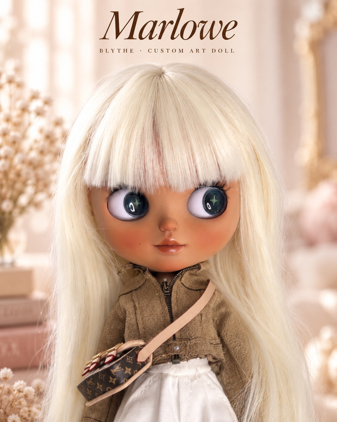 AI-edited presentation image of Marlowe: character name poster based on real product references. Scene props are illustrative marketing content.