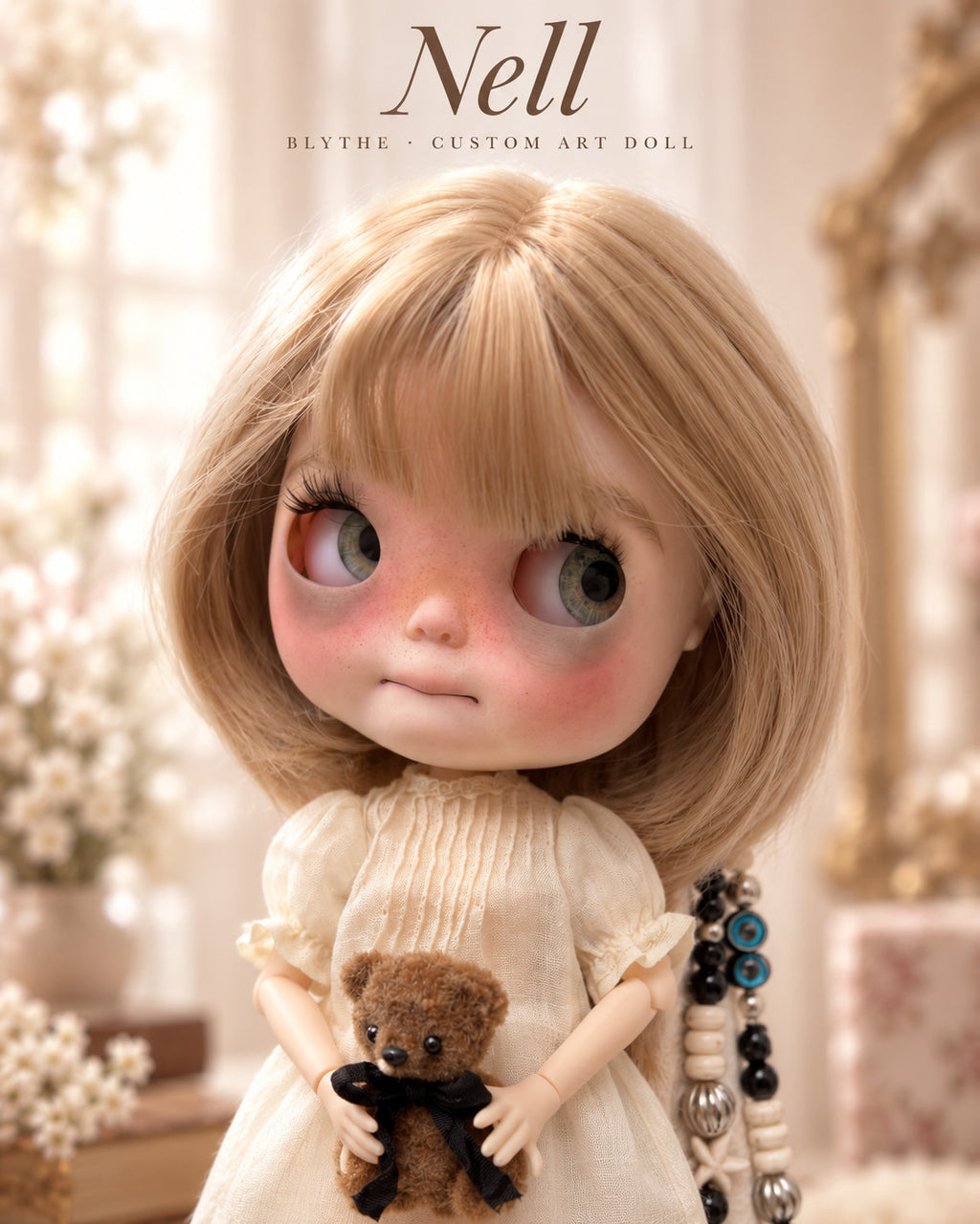 AI-edited presentation image of Nell: character name poster based on real product references. Scene props are illustrative marketing content.