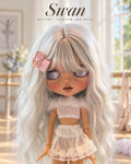 Swan — AI-generated story portrait based on the doll’s real photographs. Styling illustration only; see original photographs for actual item details. Scenery is not included.