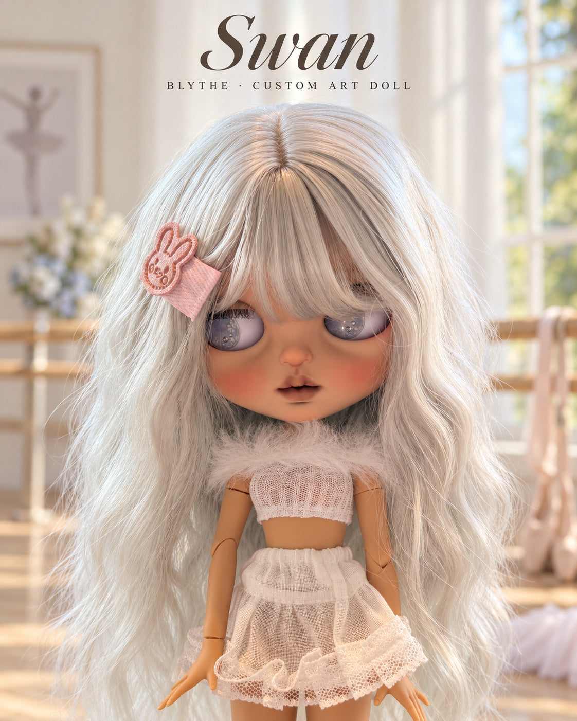 Swan — AI-generated story portrait based on the doll’s real photographs. Styling illustration only; see original photographs for actual item details. Scenery is not included.