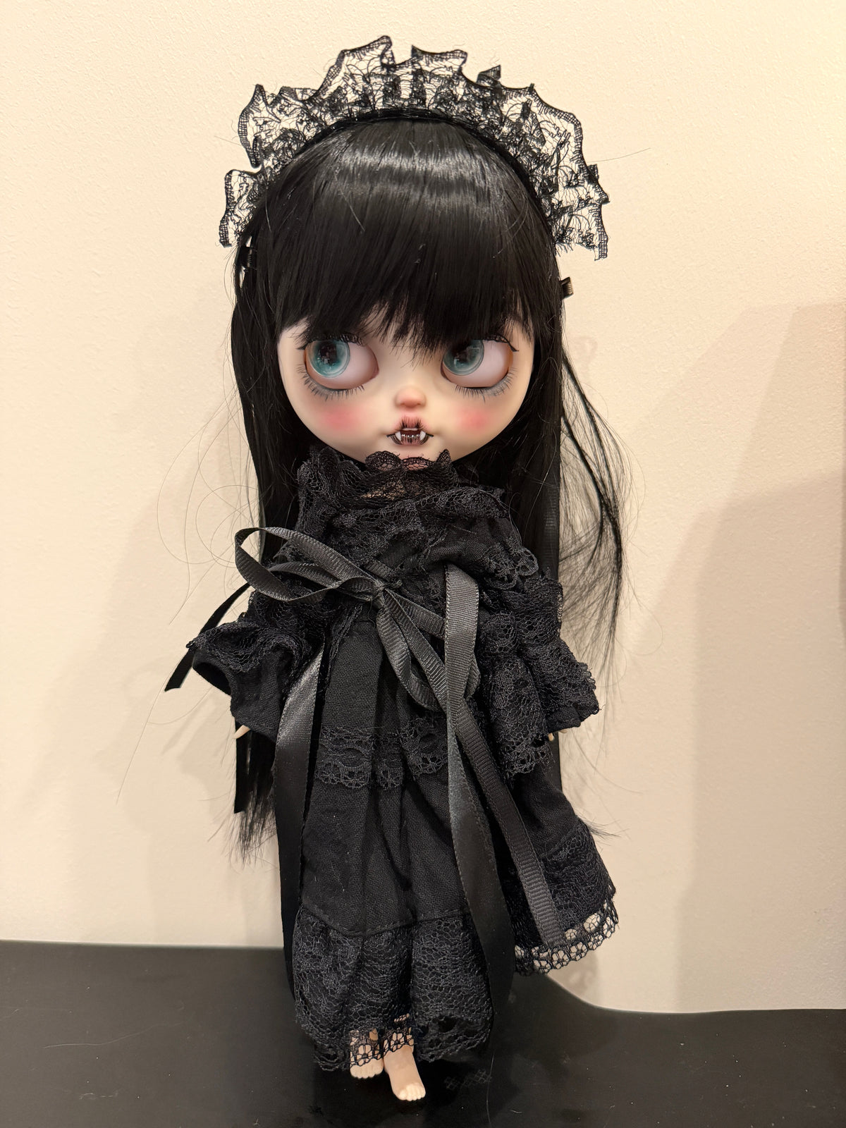 Chole | Custom Blythe-Style Vampire Doll, Black Lace, OOAK Factory Base