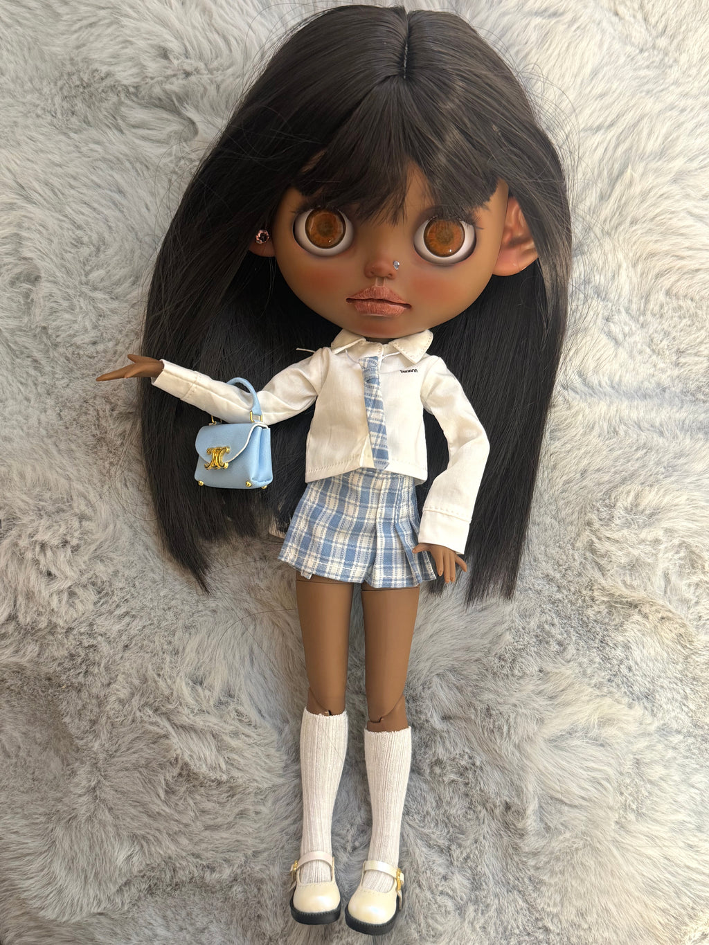 Juno | Custom Blythe-Style Doll, Blue Plaid Outfit, OOAK Collectible