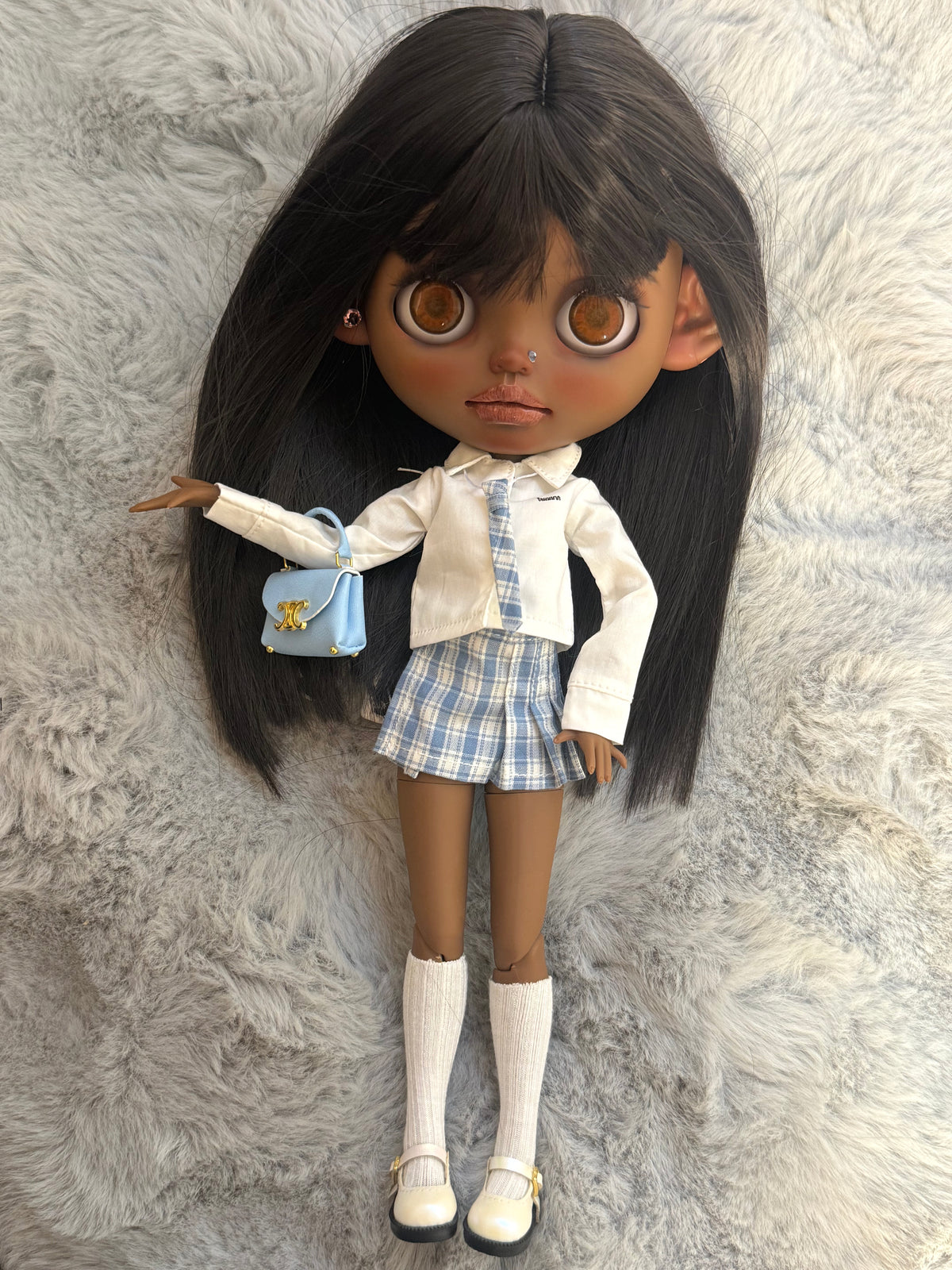 Juno | Custom Blythe-Style Doll, Blue Plaid Outfit, OOAK Collectible