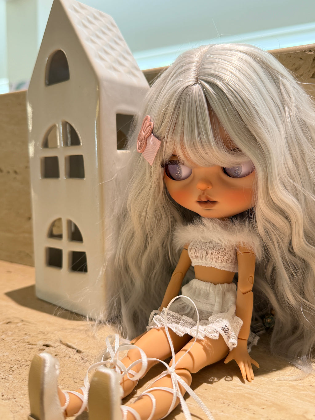 Swan | Custom Blythe-Style Ballerina Doll, White Outfit, OOAK Factory Base
