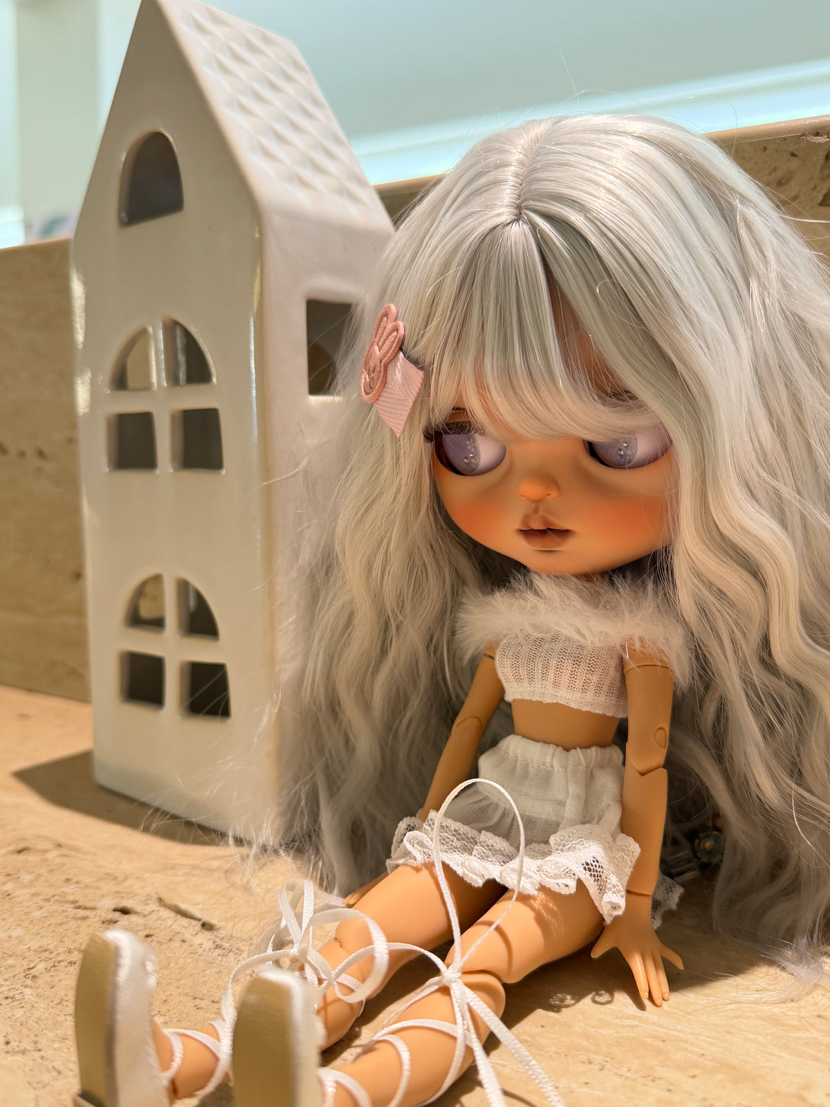 Swan | Custom Blythe-Style Ballerina Doll, White Outfit, OOAK Factory Base
