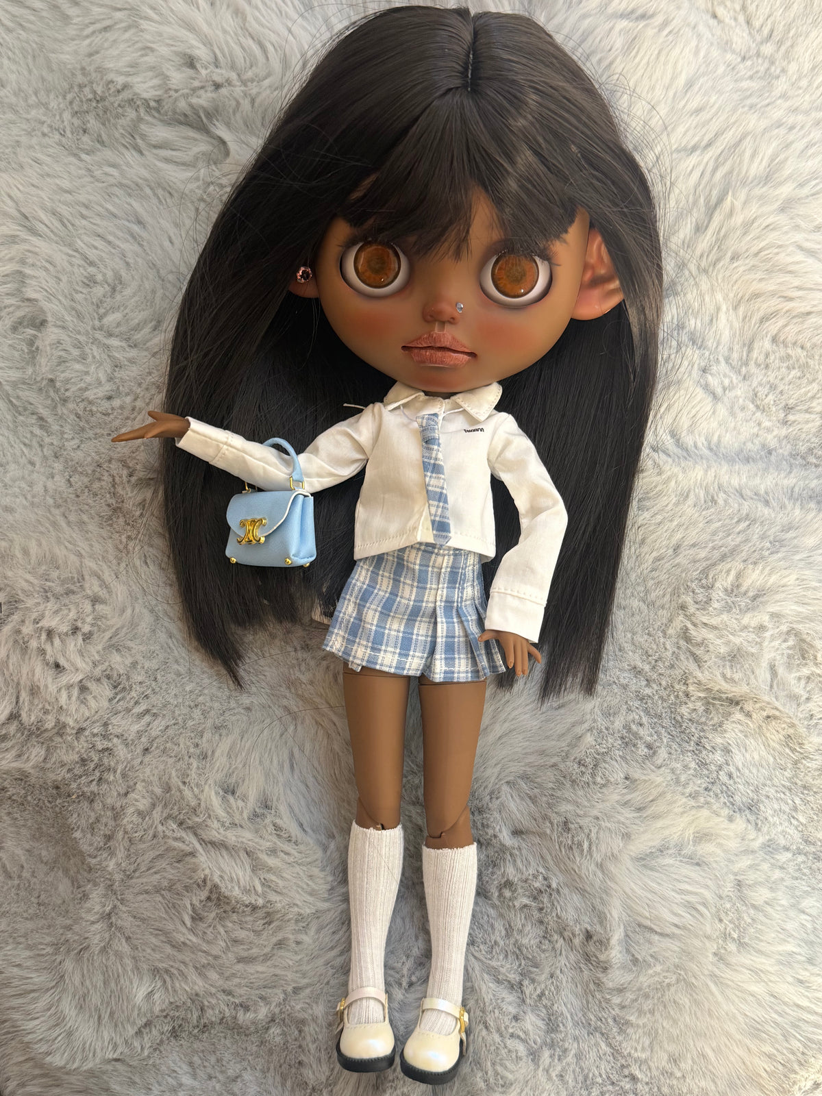Juno | Custom Blythe-Style Doll, Blue Plaid Outfit, OOAK Collectible