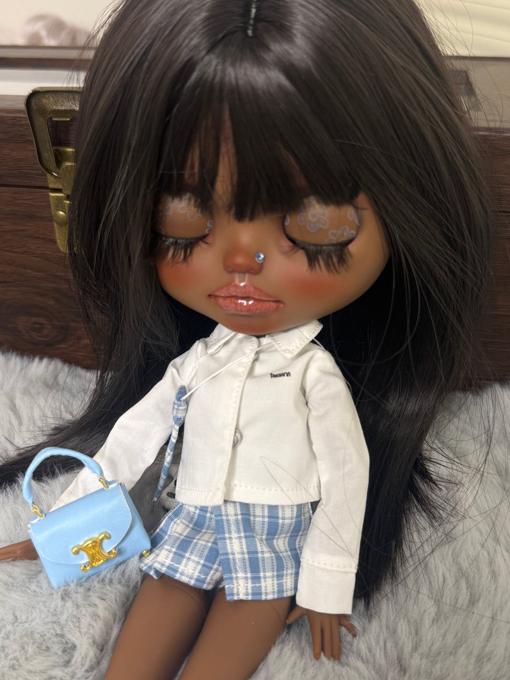 Juno | Custom Blythe-Style Doll, Blue Plaid Outfit, OOAK Collectible