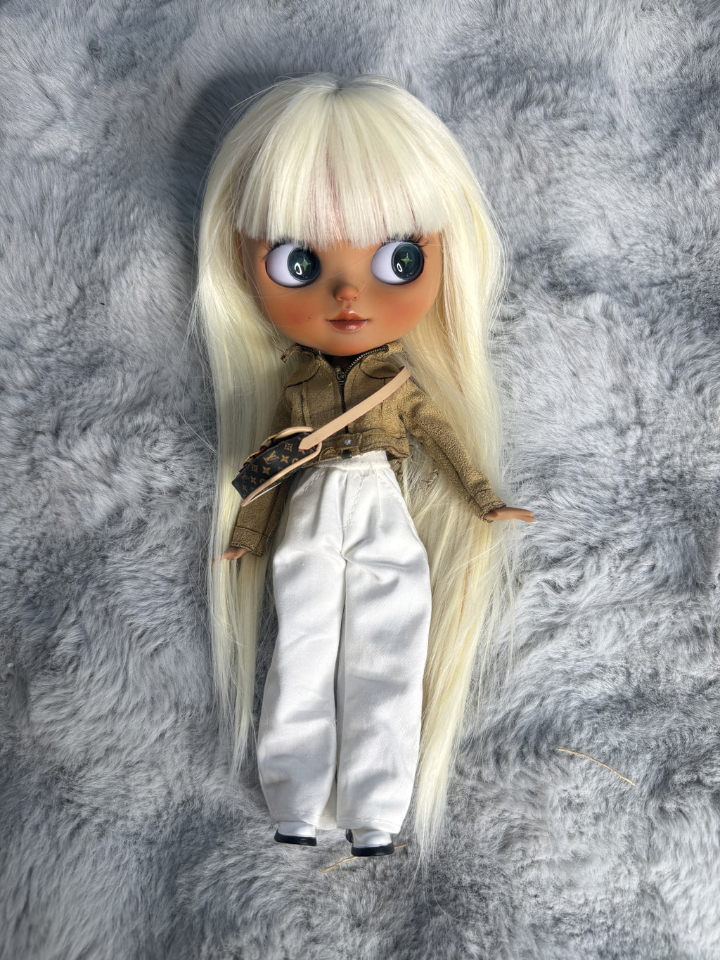 Real product photograph of Marlowe, view 1, showing the physical customized ICY-DBS Blythe-style doll and its actual outfit and accessories.