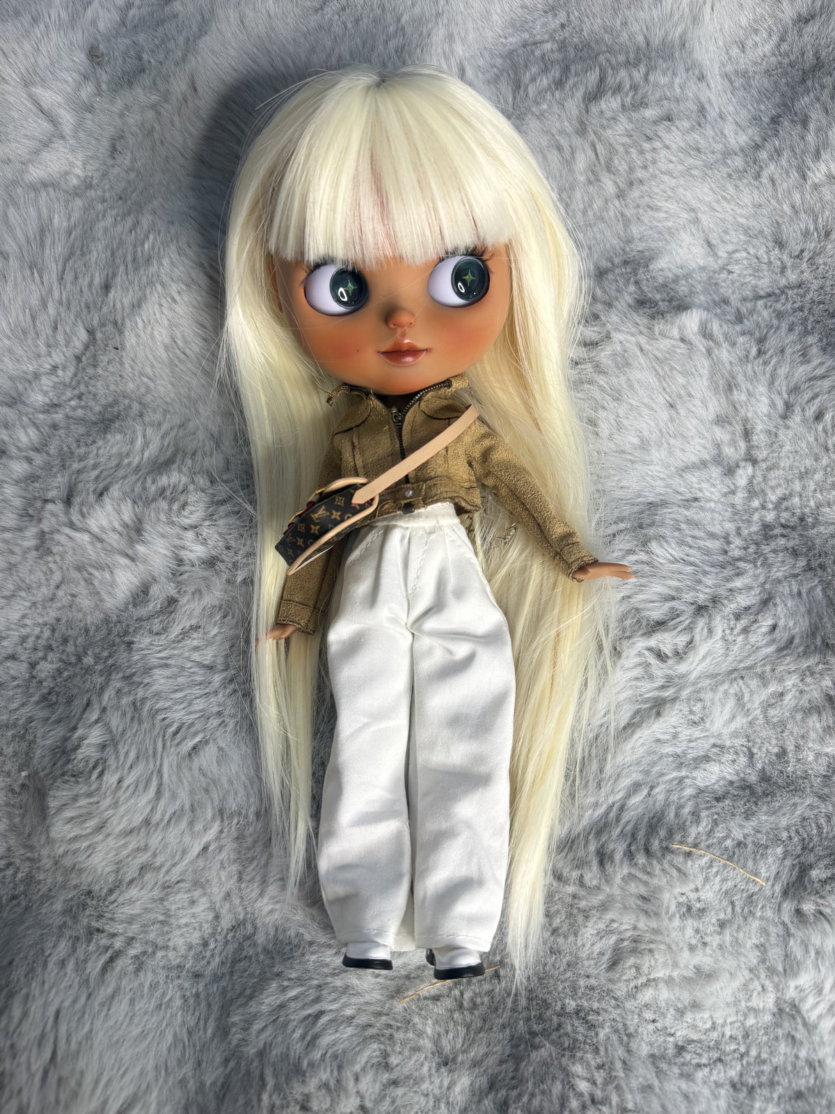 Real product photograph of Marlowe, view 2, showing the physical customized ICY-DBS Blythe-style doll and its actual outfit and accessories.
