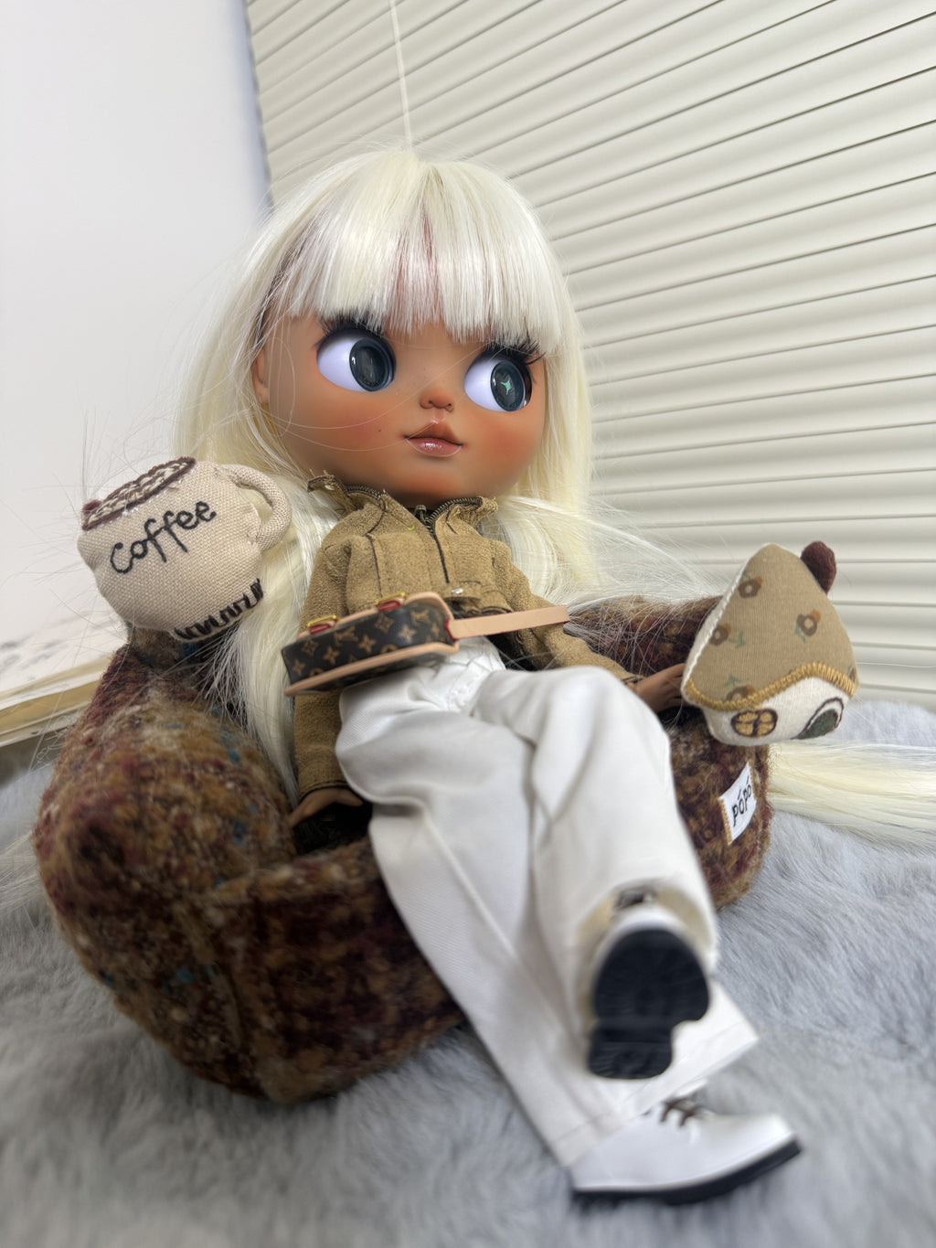 Real product photograph of Marlowe, view 3, showing the physical customized ICY-DBS Blythe-style doll and its actual outfit and accessories.