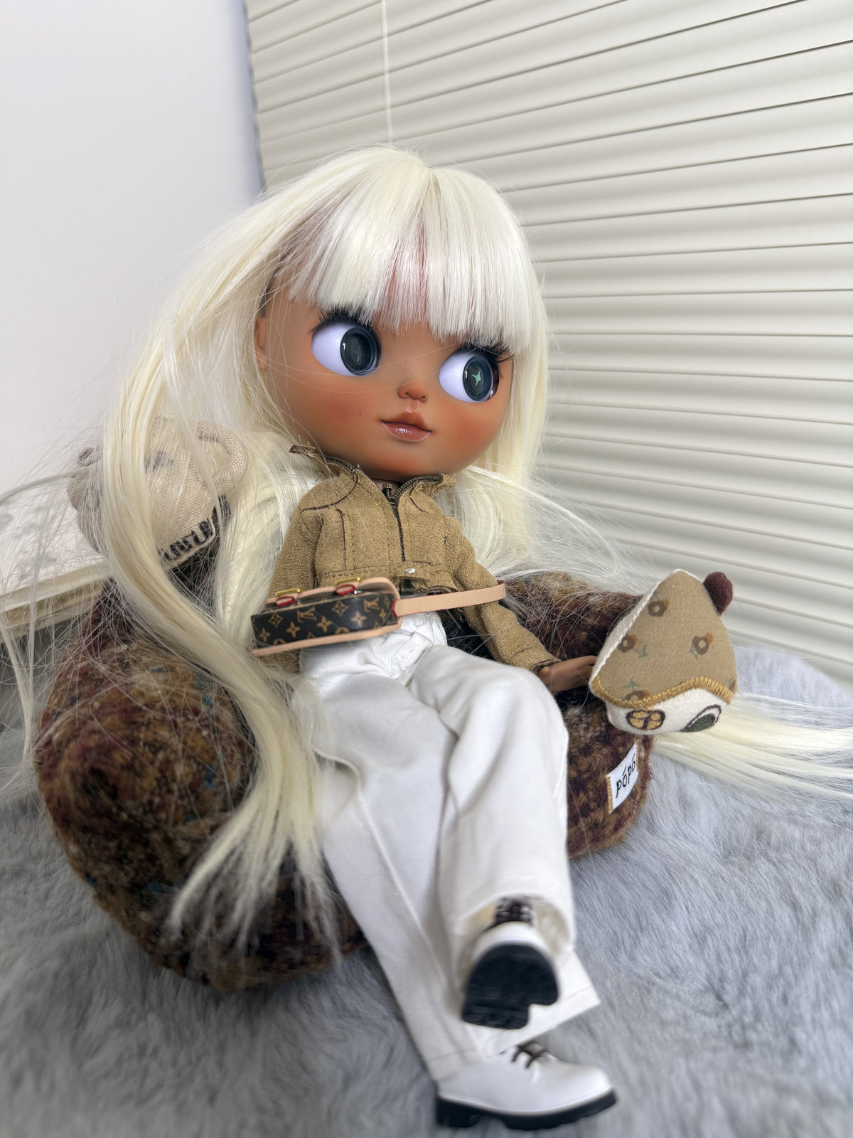 Real product photograph of Marlowe, view 4, showing the physical customized ICY-DBS Blythe-style doll and its actual outfit and accessories.