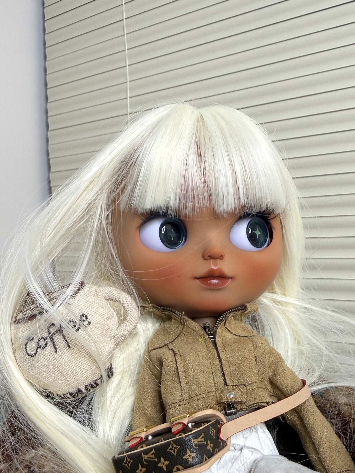 Real product photograph of Marlowe, view 5, showing the physical customized ICY-DBS Blythe-style doll and its actual outfit and accessories.