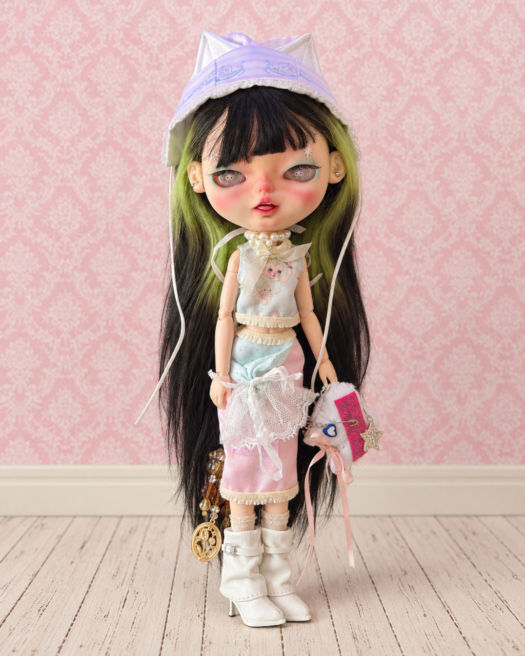 Mika — AI-edited full-body studio presentation based on actual doll photographs. Pink scenery is not included; see real photographs and video for actual item details and condition.