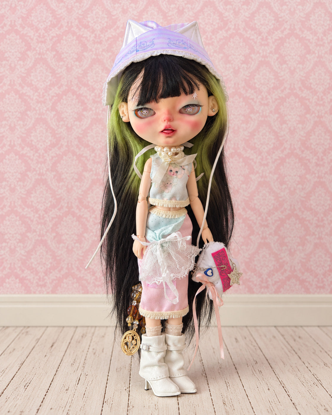 Mika — AI-edited full-body studio presentation based on actual doll photographs. Pink scenery is not included; see real photographs and video for actual item details and condition.