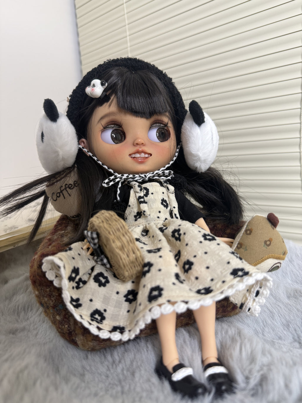 Real product photograph of Pia, view 1, showing the physical customized ICY-DBS Blythe-style doll and its actual outfit and accessories.