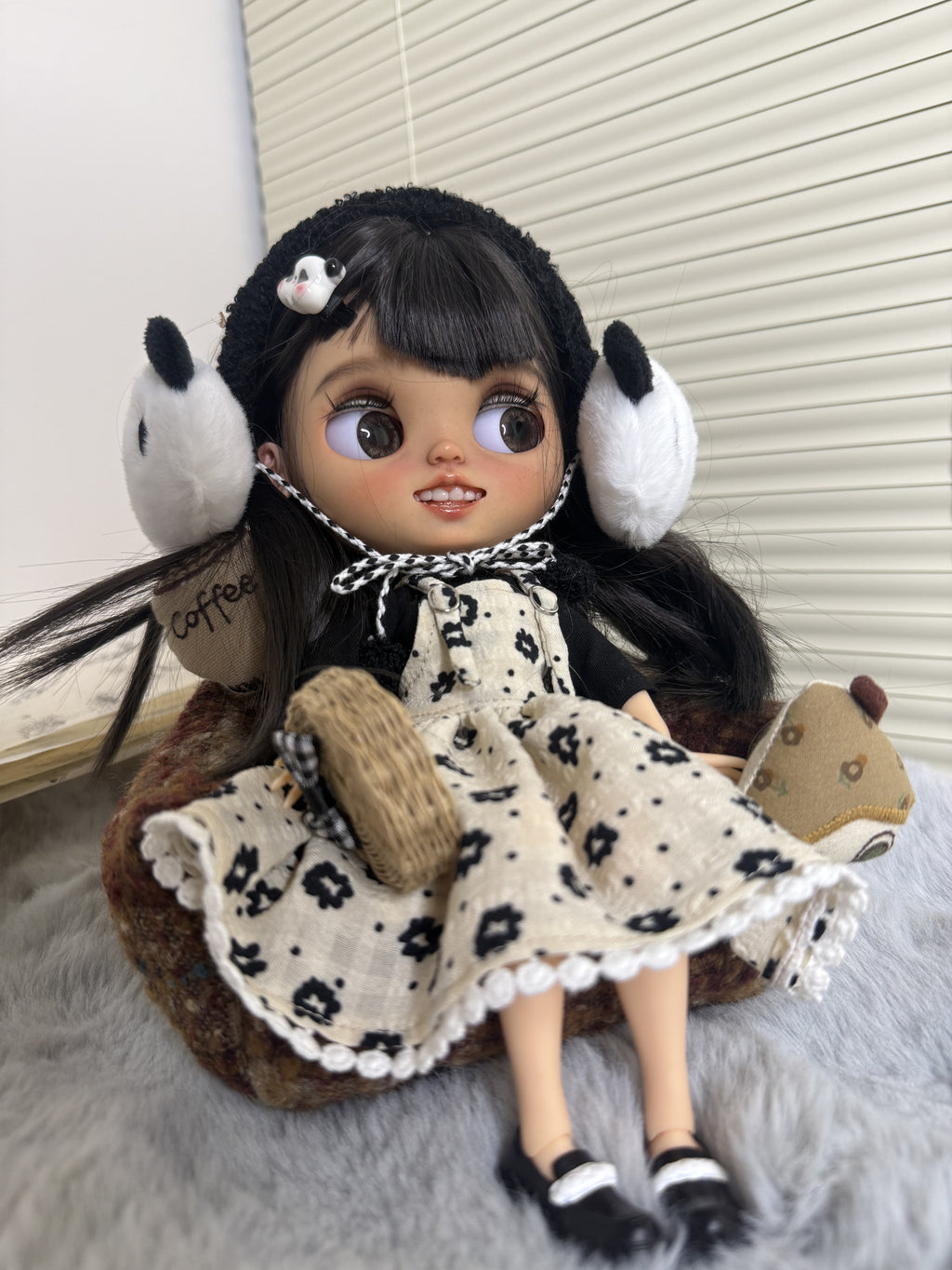 Real product photograph of Pia, view 2, showing the physical customized ICY-DBS Blythe-style doll and its actual outfit and accessories.