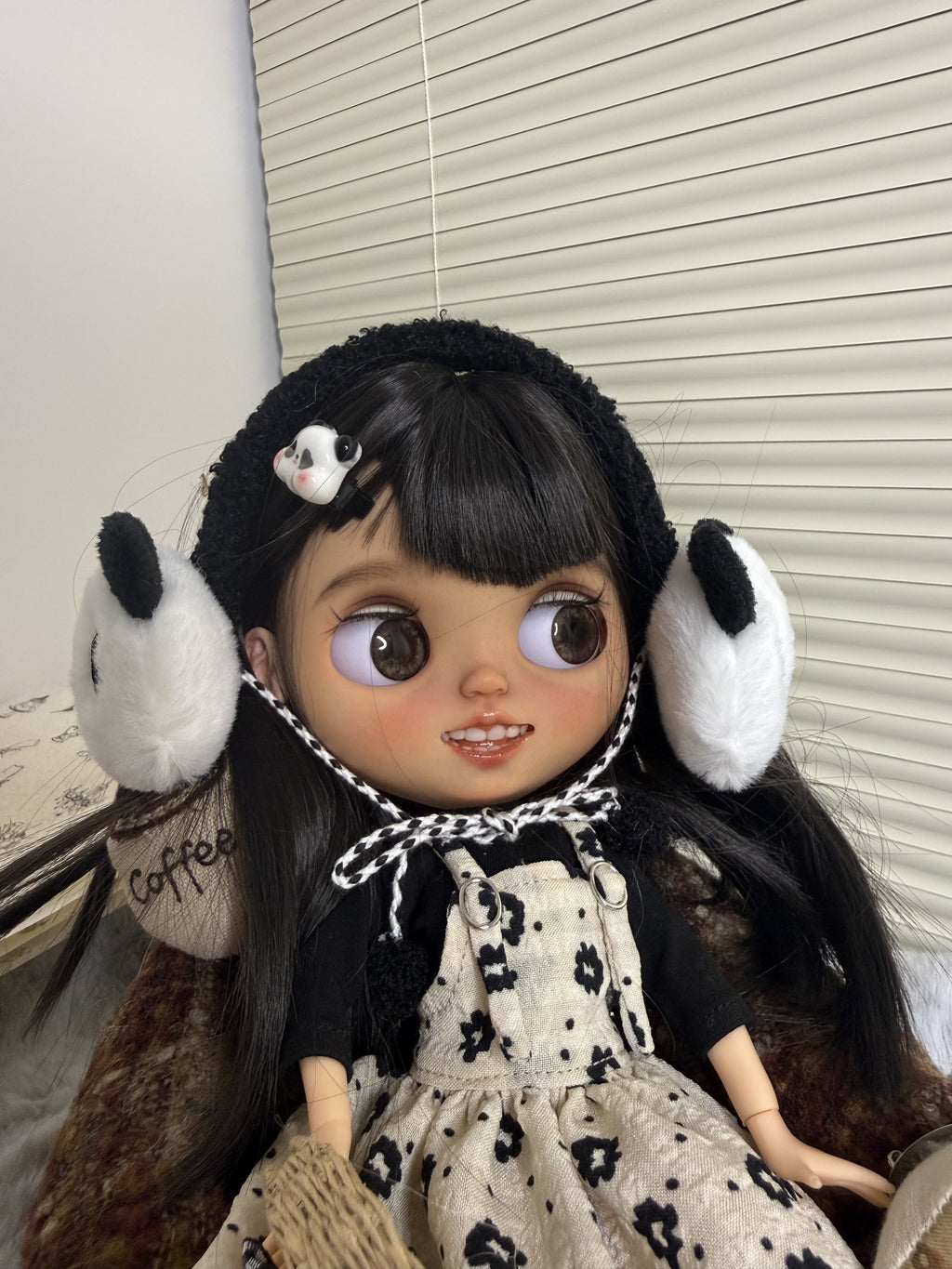 Real product photograph of Pia, view 3, showing the physical customized ICY-DBS Blythe-style doll and its actual outfit and accessories.