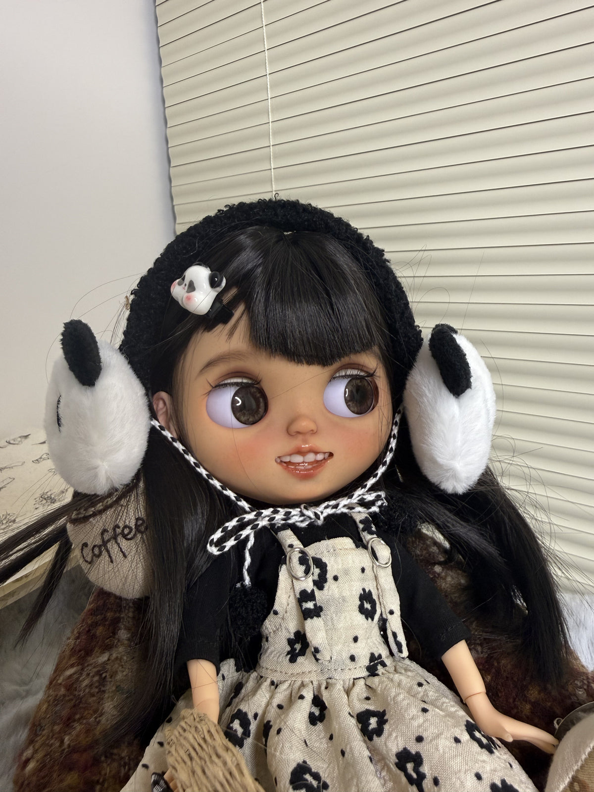 Real product photograph of Pia, view 3, showing the physical customized ICY-DBS Blythe-style doll and its actual outfit and accessories.