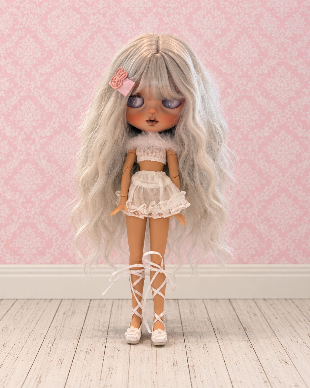 Swan — AI-edited full-body studio presentation based on actual doll photographs. Pink scenery is not included; see real photographs and video for actual item details and condition.