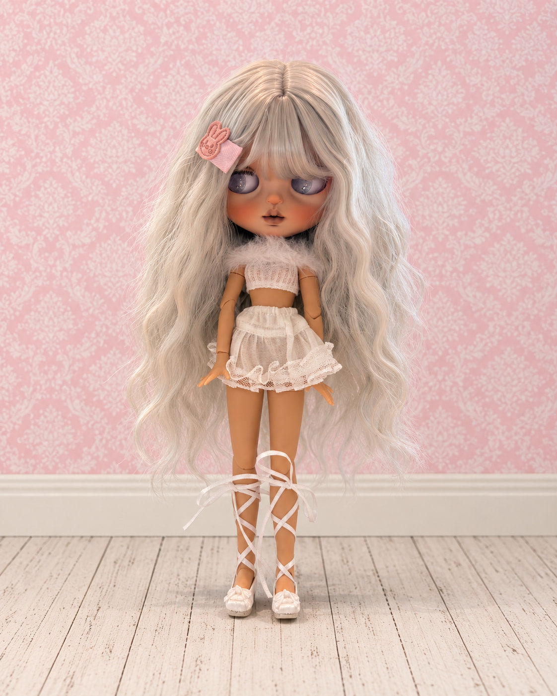 Swan — AI-edited full-body studio presentation based on actual doll photographs. Pink scenery is not included; see real photographs and video for actual item details and condition.